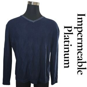 Impermeable Platinum Cotton Cashmere V Neck Argyle Sweater Mens Size L Navy Blue
